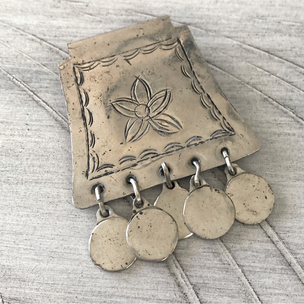 Rectangular Vintage Etched Brooch With Circular A… - image 1